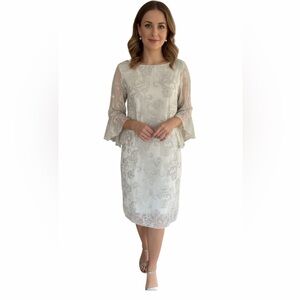 New with tags MARINA Silver Long Bell Sleeve Embroidered Dress size 12.
